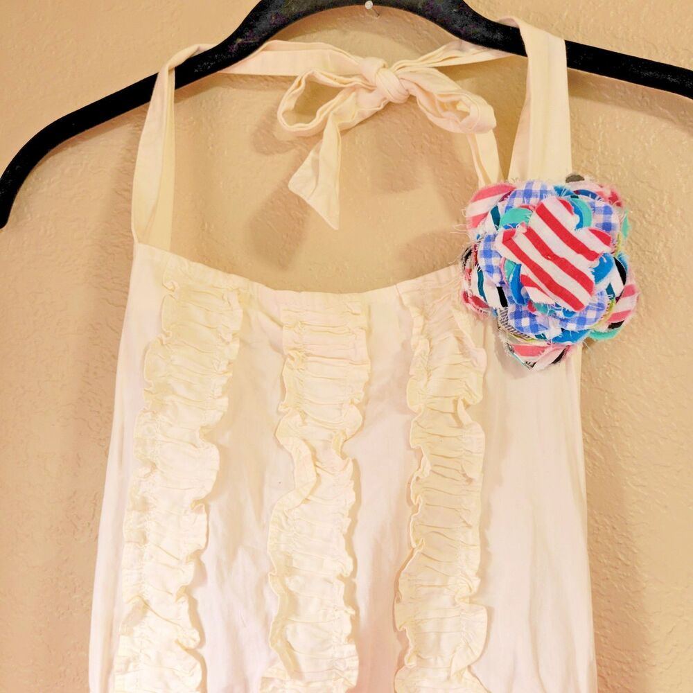 Rare Anthropologie Tea & Crumpets Red / Pink & White Hostess Apron Pocket Ruffle - Picture 2 of 11